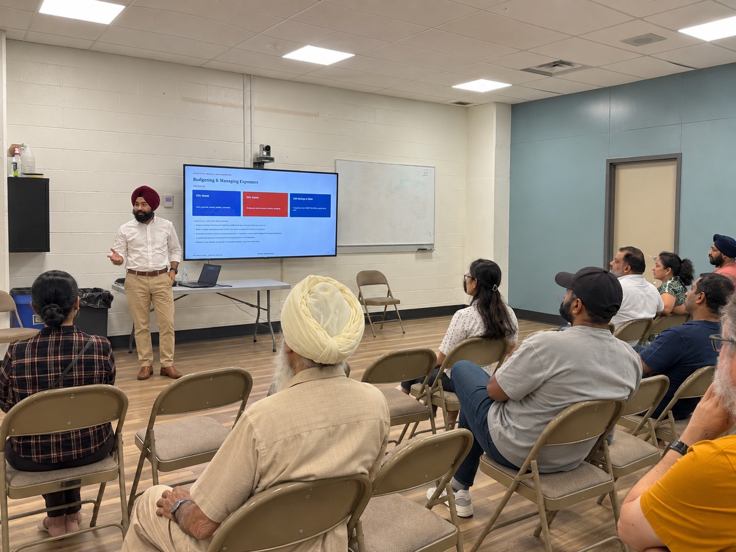 Manpreet Singh presenting a budgeting workshop to a community audience