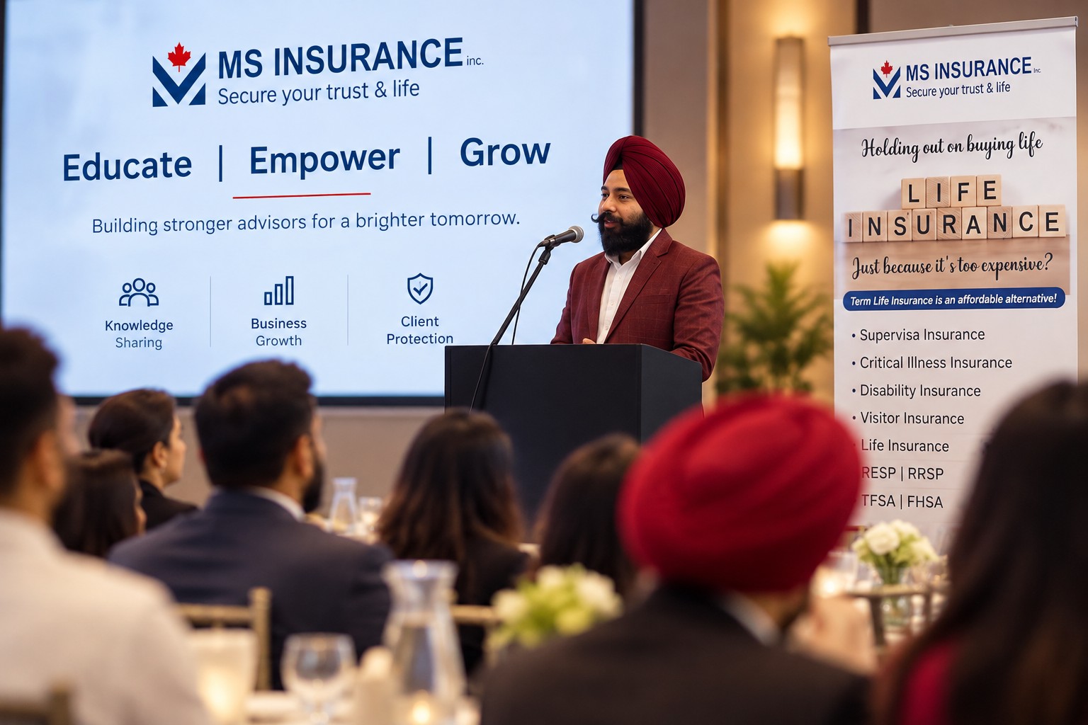 Manpreet Singh speaking at an MS Insurance event